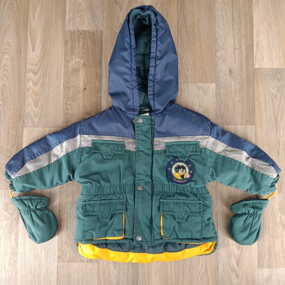 Healthtex Vintage Boys 24M Color Block Puffer Jacket Hooded Winter Coat Mittens
